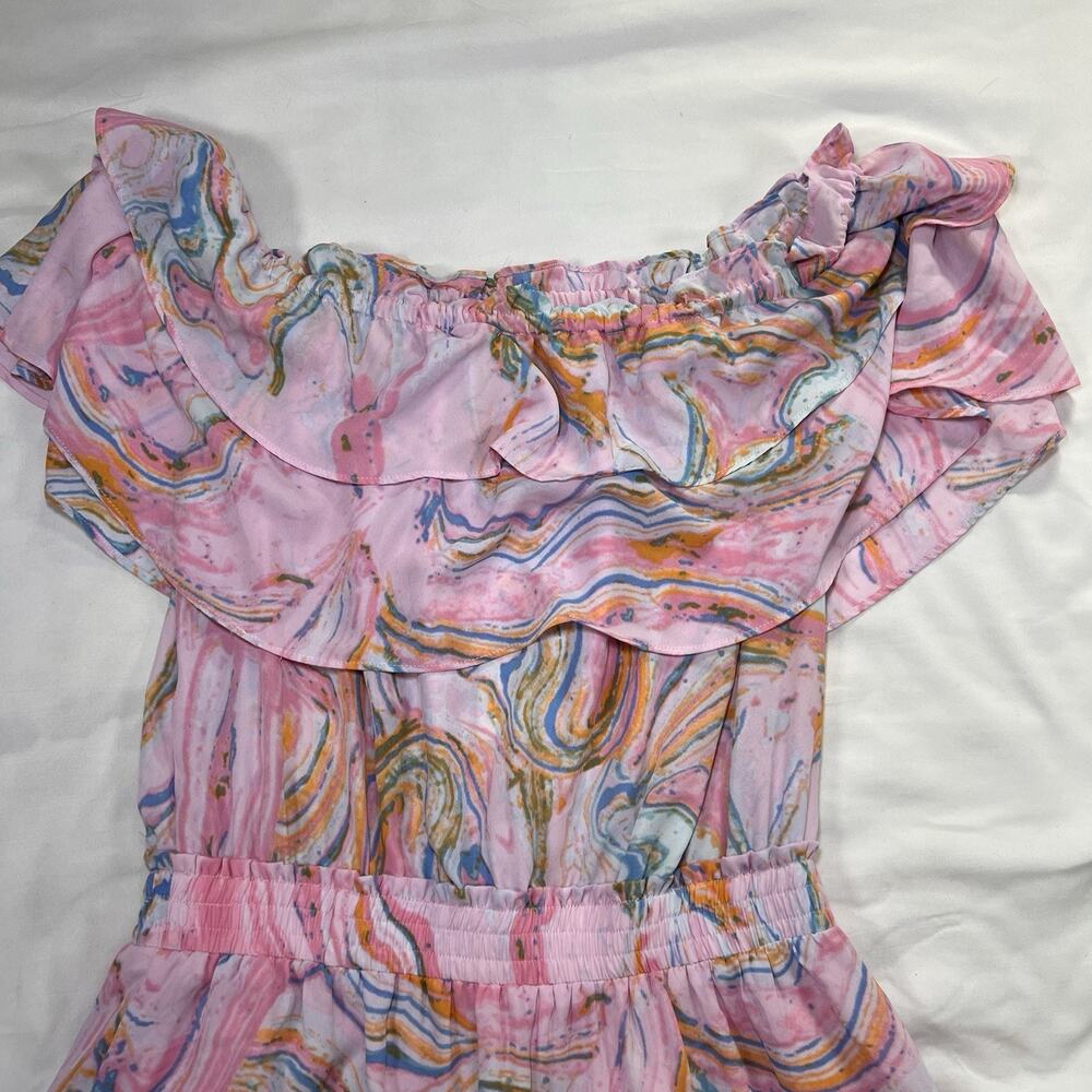 Buddy Love Dress Size M Pink Swirl Off Shoulder Smocked Waist Chiffon Mini NWT - Picture 11 of 12